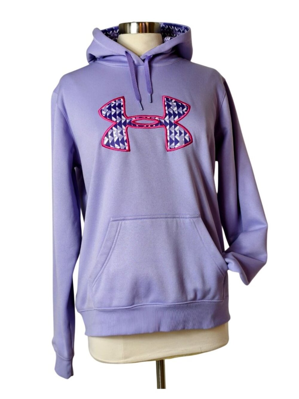 Under Armour Womens L Hoodie Purple Storm ColdGear Geometric Logo Sporty Fleece